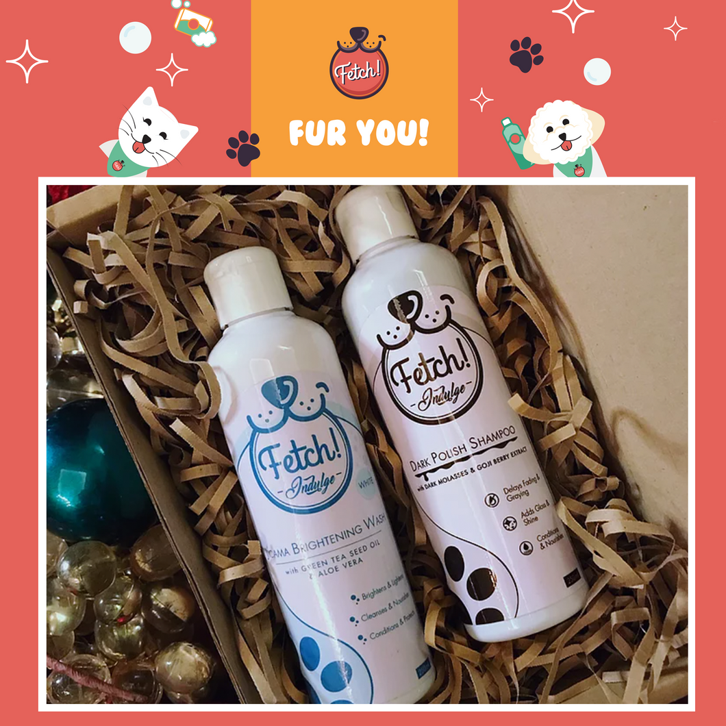 Our Fetch! Yin and Yang Gift Set contains products that is all about color correcting and maintenance for dark colored and light colored pets! This gift set comes in a cute, eco-friendly box with compostable shredded packing paper inside to keep items secure. A perfect surprise for your fur baby or a fellow pet parent!